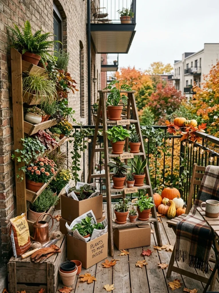 Portable balcony garden being prepared for winter by moving plants indoors.