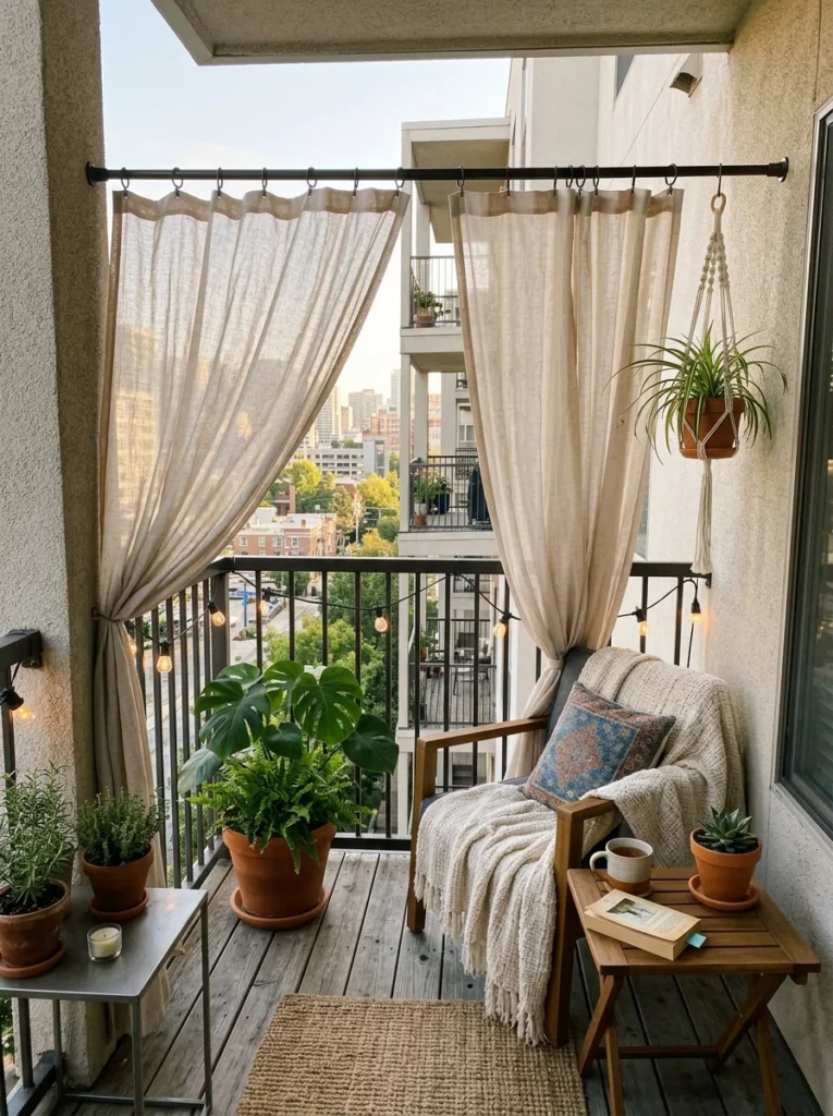 Outdoor curtain on a tension rod creating balcony privacy.