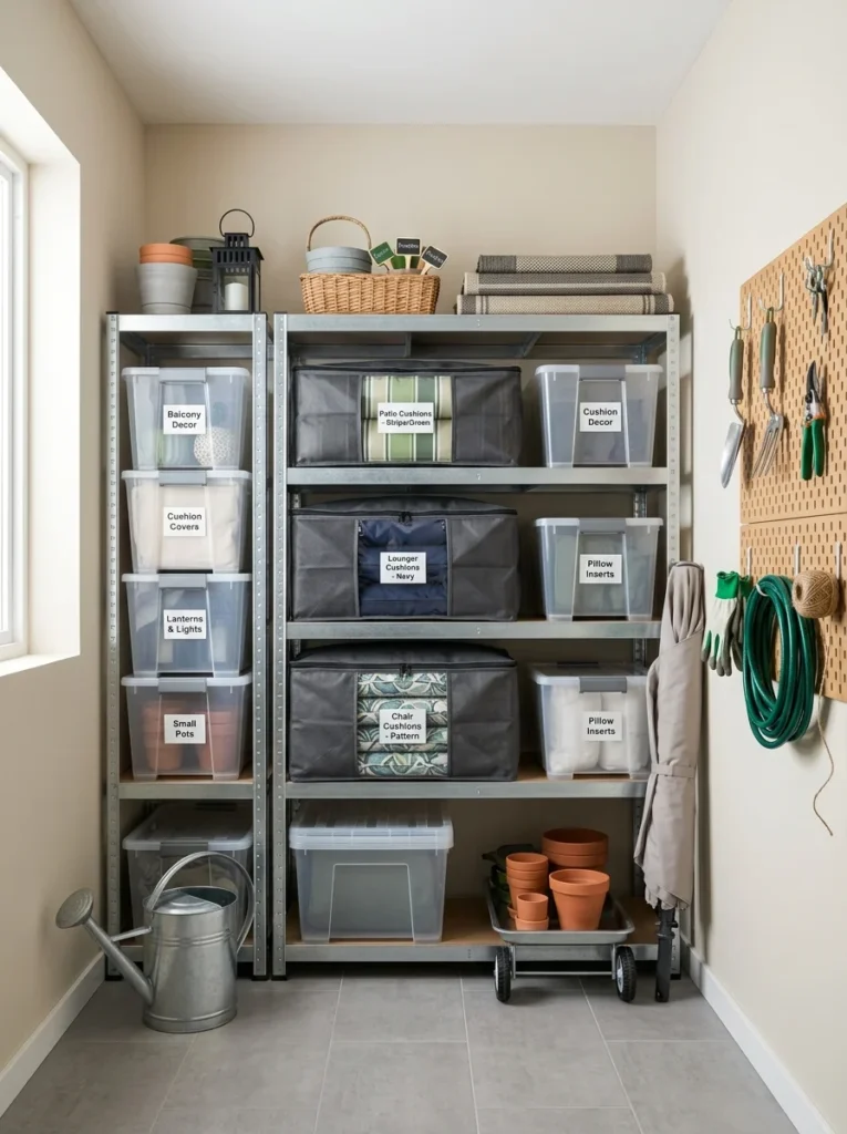 Proper storage of balcony cushions and seasonal outdoor accessories.
