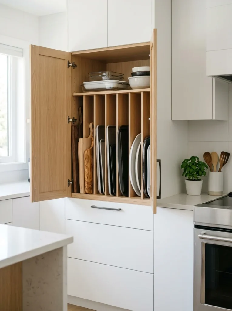 Cabinet organized using vertical dividers for trays and cutting boards.