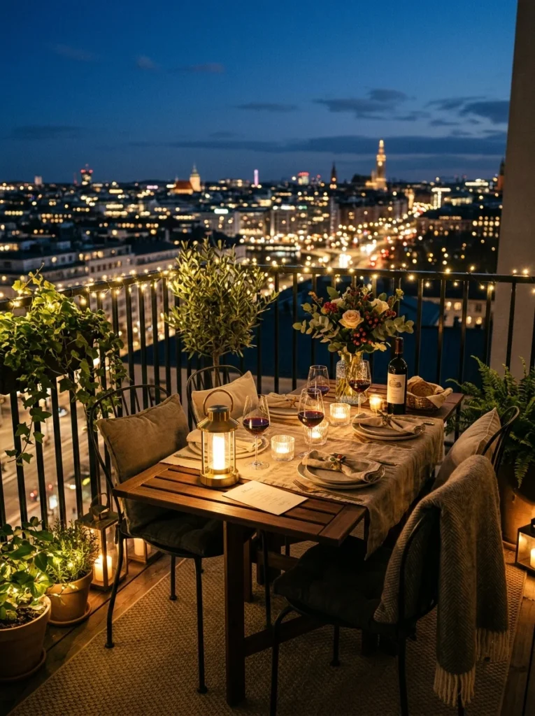 Cozy balcony dinner illuminated with warm string lights and candles.