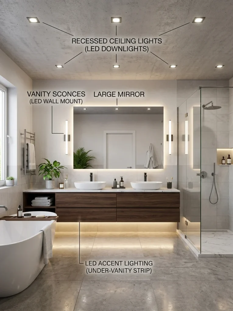 Example of a balanced bathroom lighting plan with three lighting layers.