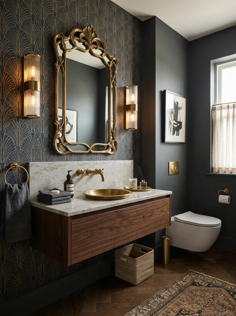 Beautifully designed half bath with elegant wallpaper and decorative finishes.