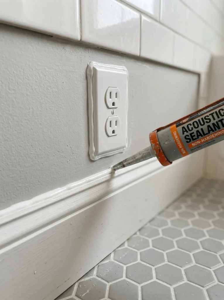 Applying acoustic sealant around bathroom outlets and baseboards to reduce sound leaks.