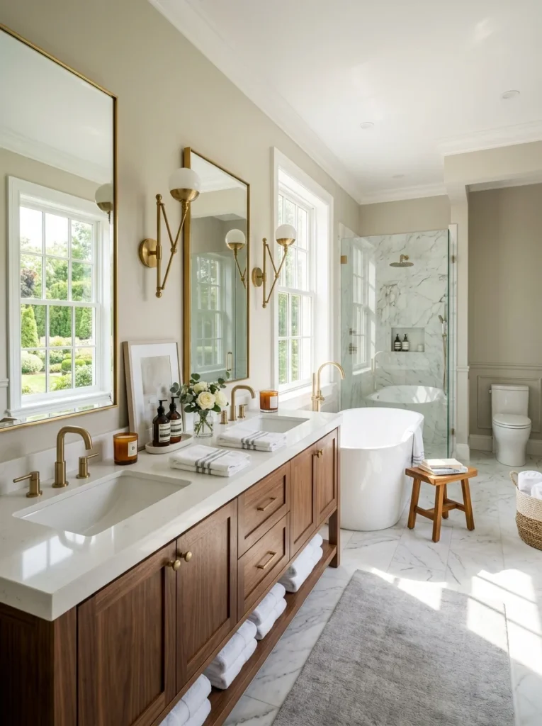 Staged primary bathroom featuring a stylish double vanity for home resale.