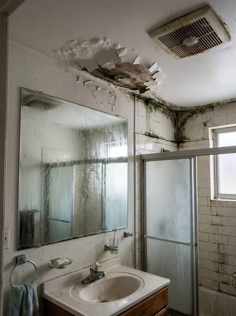 Bathroom with condensation and peeling paint caused by an undersized exhaust fan.