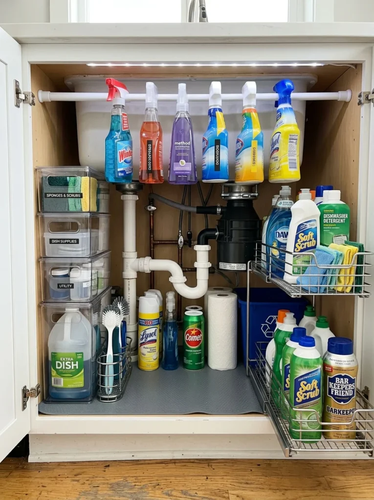 Under-sink kitchen cabinet with pull-out storage bins and organized cleaning supplies.