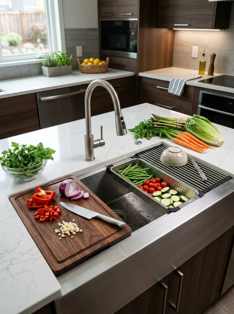 Kitchen workstation sink with integrated cutting board, drying rack, and colander accessories.