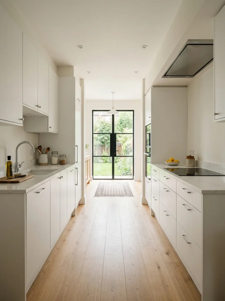 Comfortable galley kitchen layout with an open central walkway for easy movement.