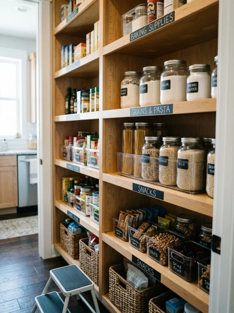Person tidying pantry shelves during a quick maintenance session.