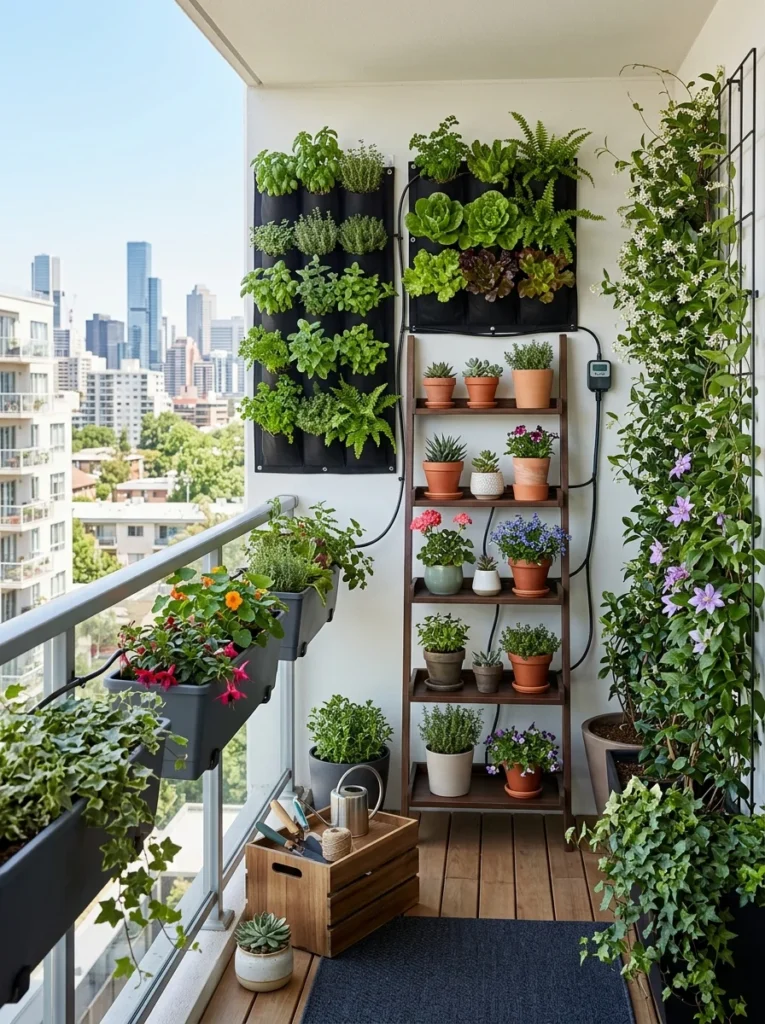 Comparison of a cluttered balcony versus a well-organized vertical garden.