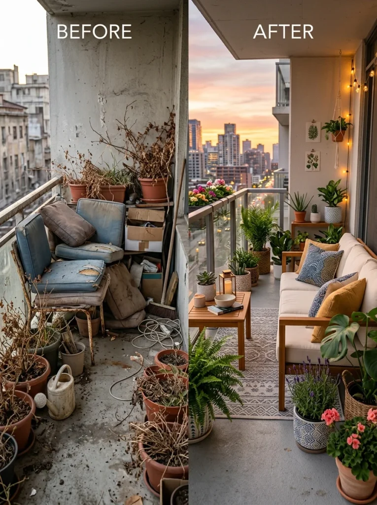 Before and after comparison of a small balcony with organized seasonal decor.