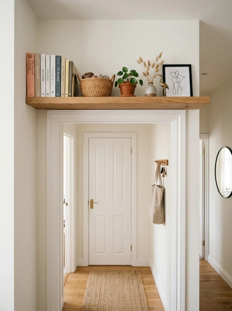 Floating shelf installed above a doorway for extra storage.