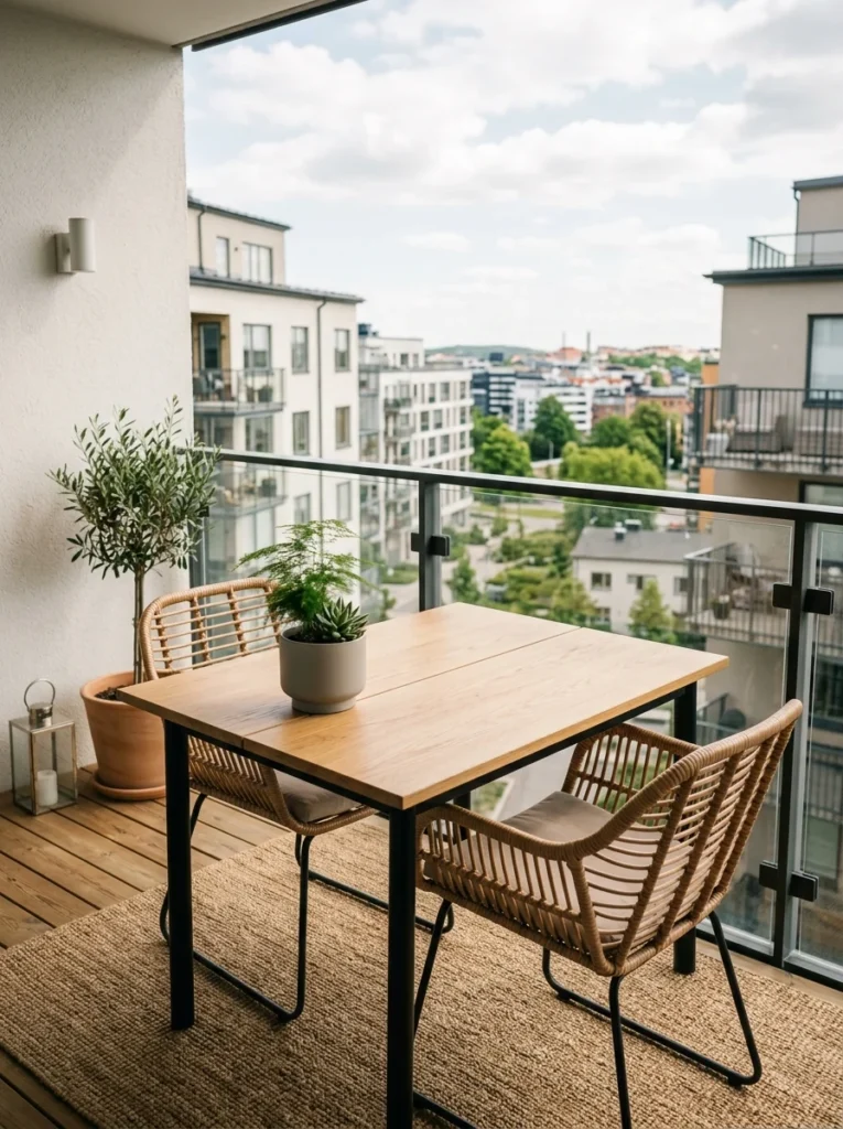 Clean and clutter-free balcony dining table ready for everyday meals.