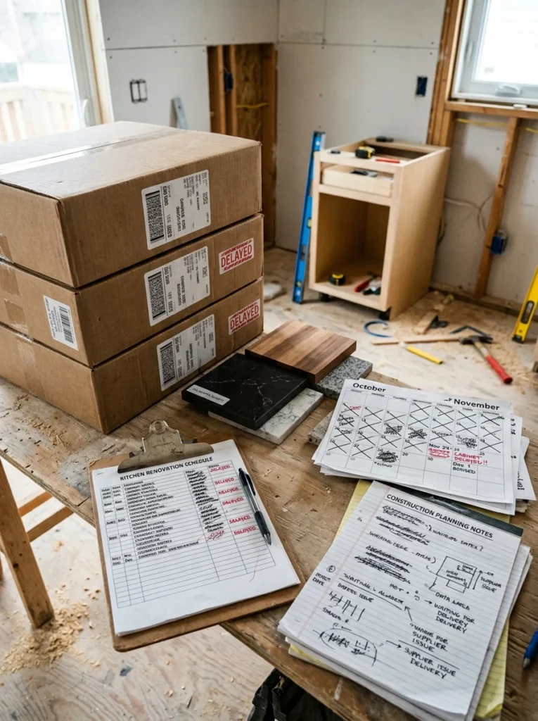 Kitchen renovation schedule showing cabinet and countertop delivery delays.