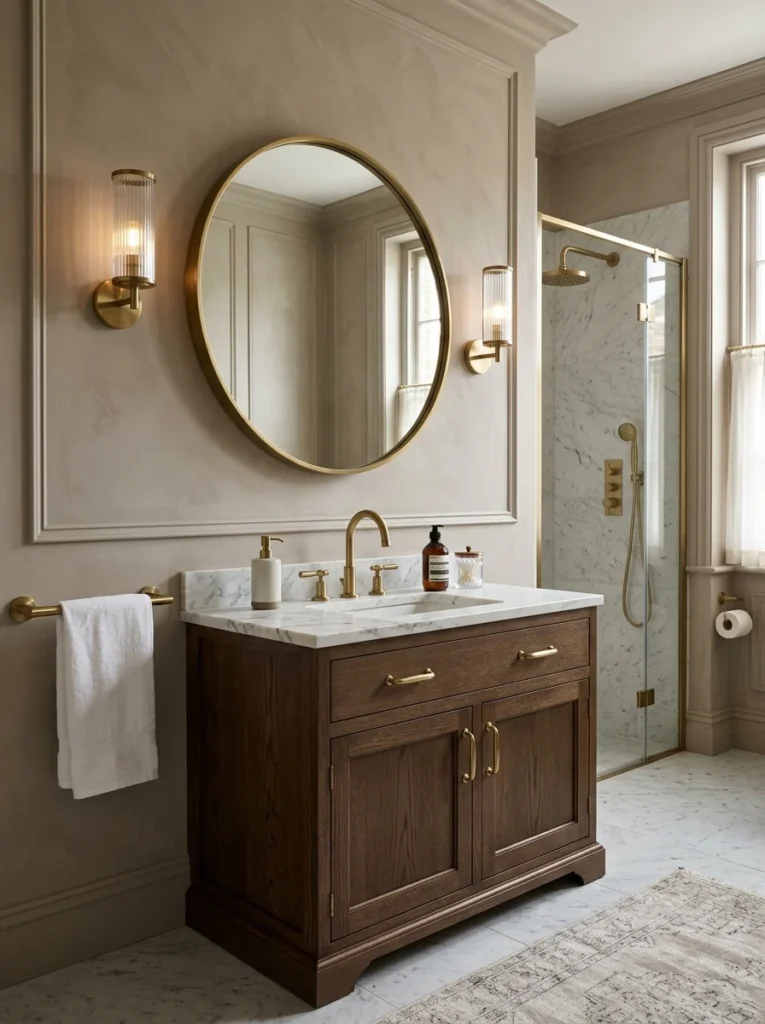 Bathroom with coordinated brass lighting fixtures and matching hardware finishes.