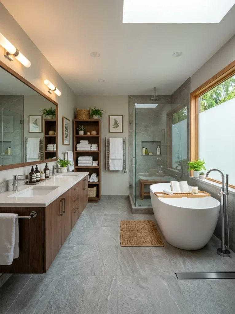 Spacious full bathroom designed for everyday comfort with shower, bathtub, and storage.