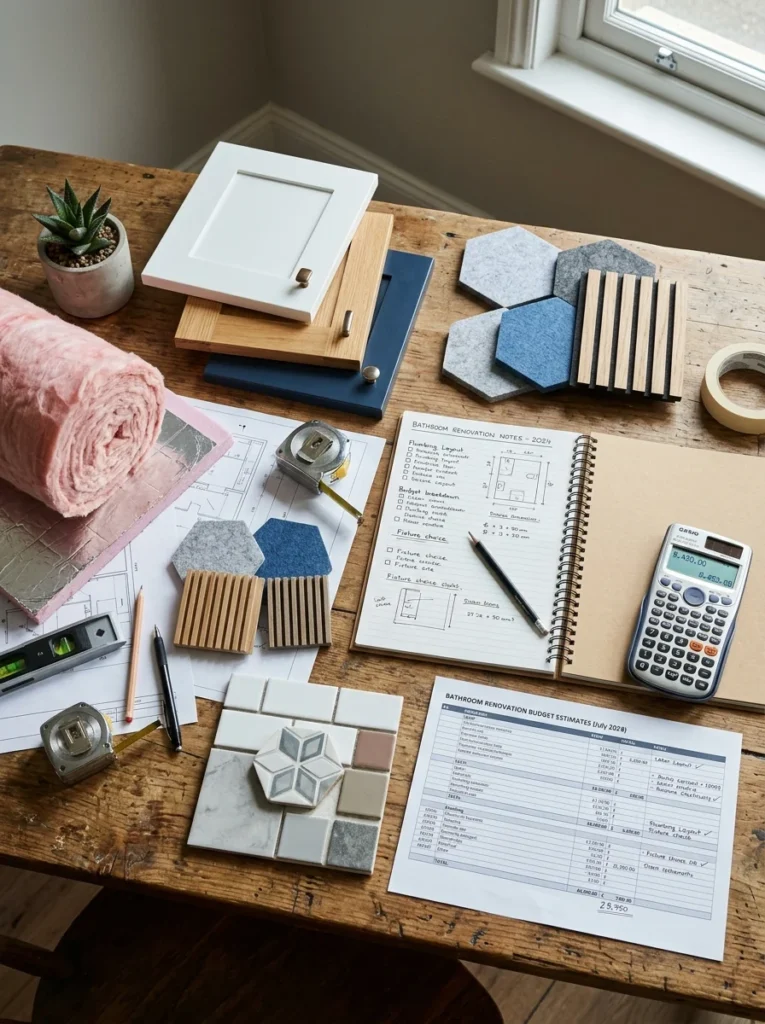 Bathroom renovation planning materials for budgeting different soundproofing upgrades.
