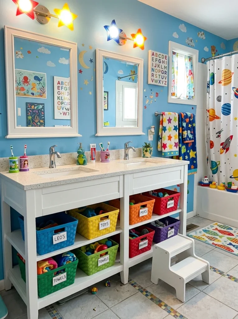 Children's bathroom with a double vanity and organized storage for siblings.