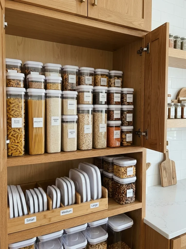 Kitchen cabinet with organized food storage containers and matching lid organizer.