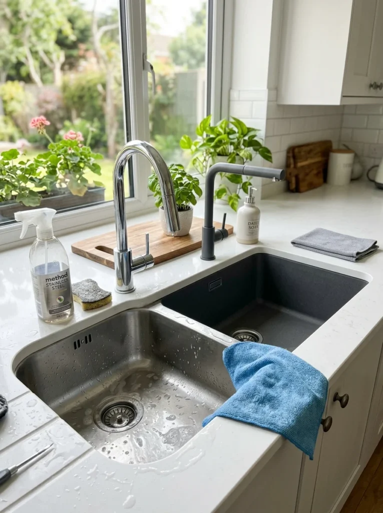 Cleaning and maintaining different kitchen sink materials in a modern kitchen.