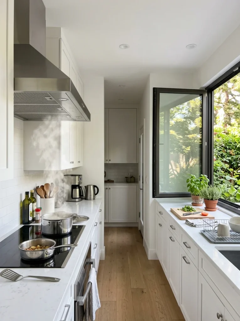 Galley kitchen with an exterior vent hood and open window improving airflow.