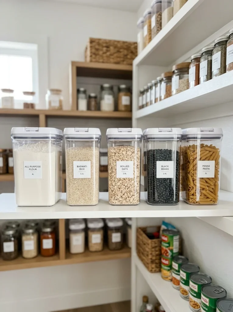 Airtight food storage containers protecting dry goods from pests and moisture.