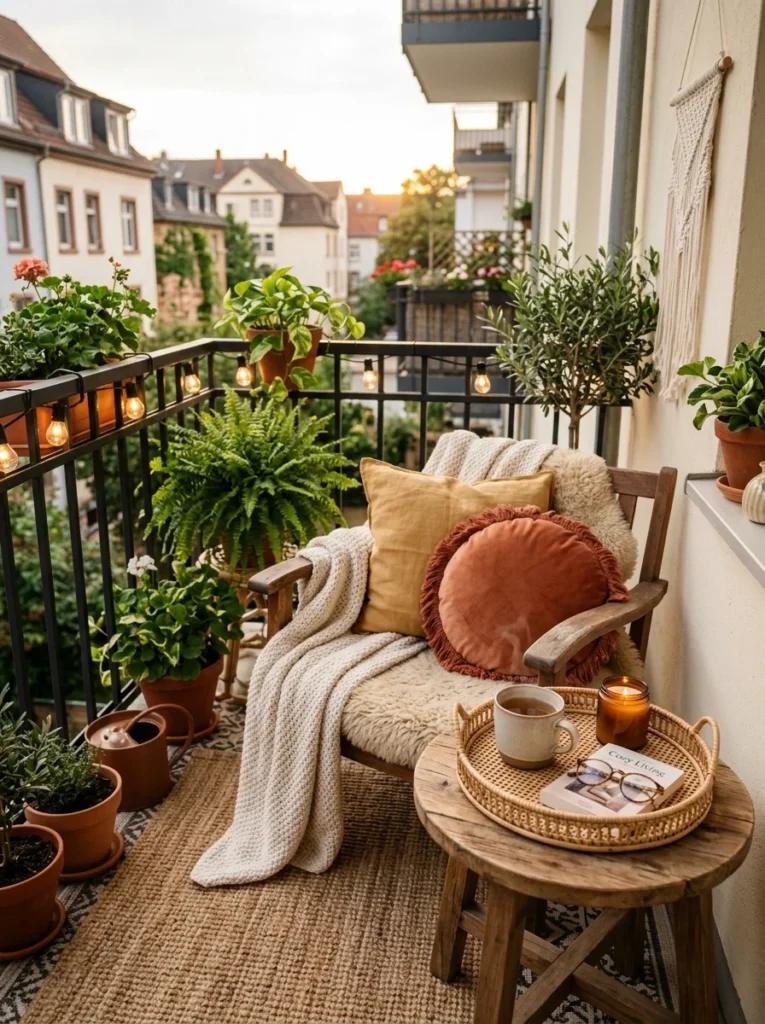 Throw blankets and pillows creating a warm balcony setting.