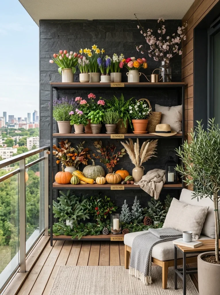 Modern balcony displaying seasonal decorating ideas for every time of year.