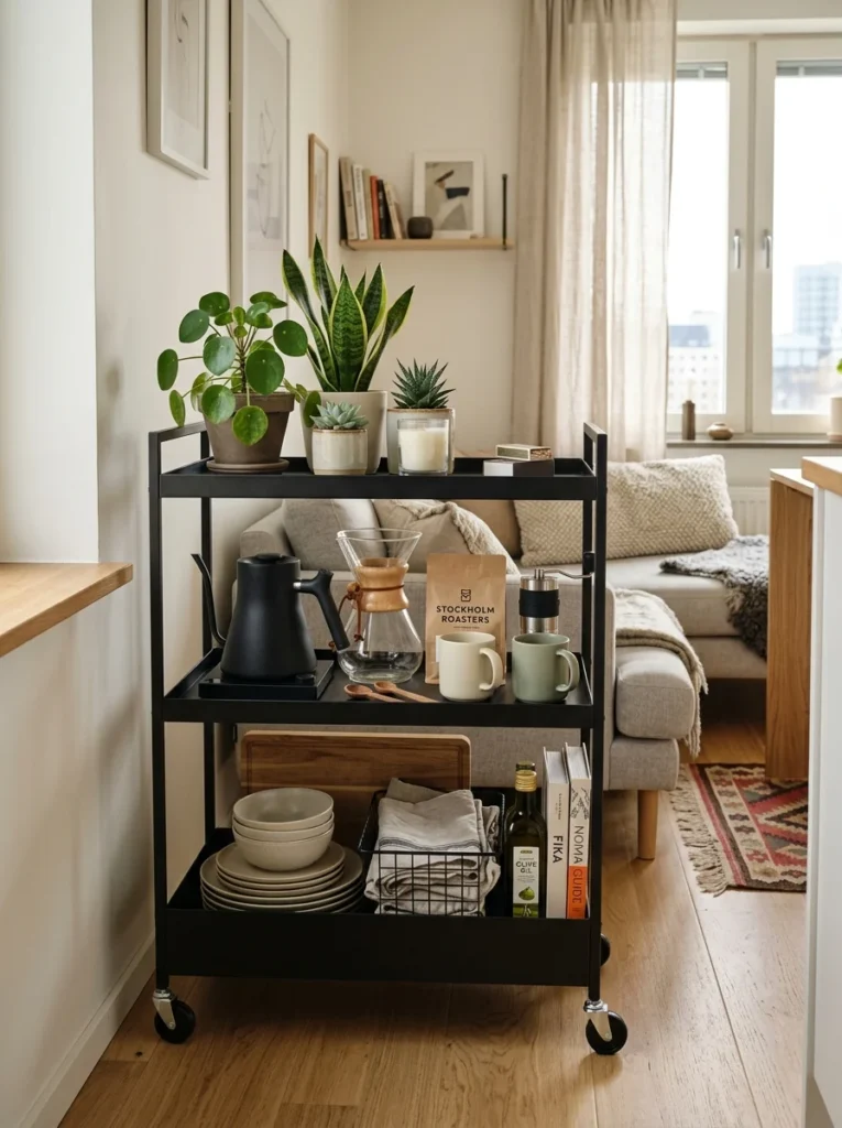 Mobile storage cart providing flexible organization in a studio apartment.