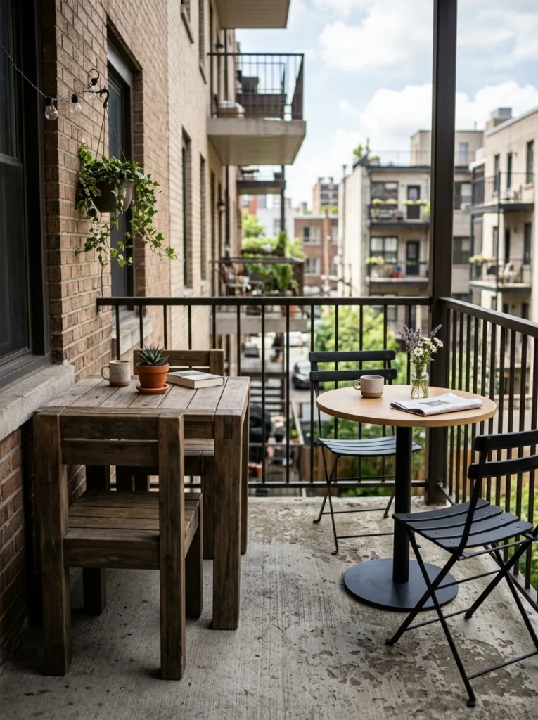 Comparing bulky square furniture with a compact round balcony table.