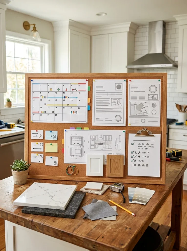 Organized kitchen renovation planning documents and project schedule.