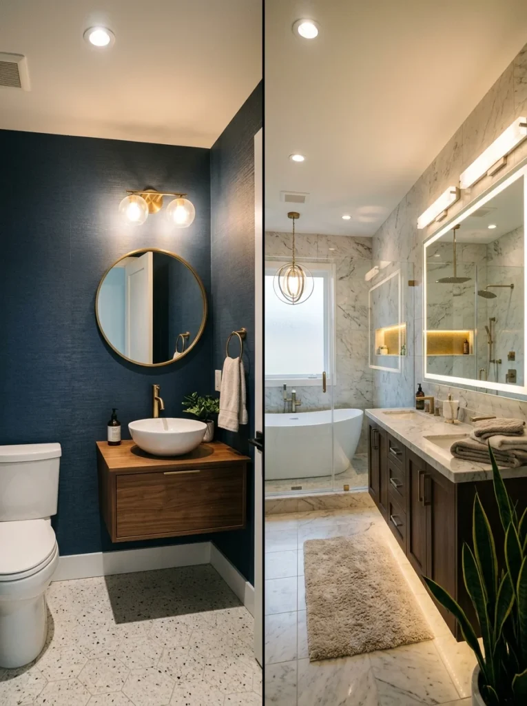 Comparison of layered lighting designs for small and large bathrooms.