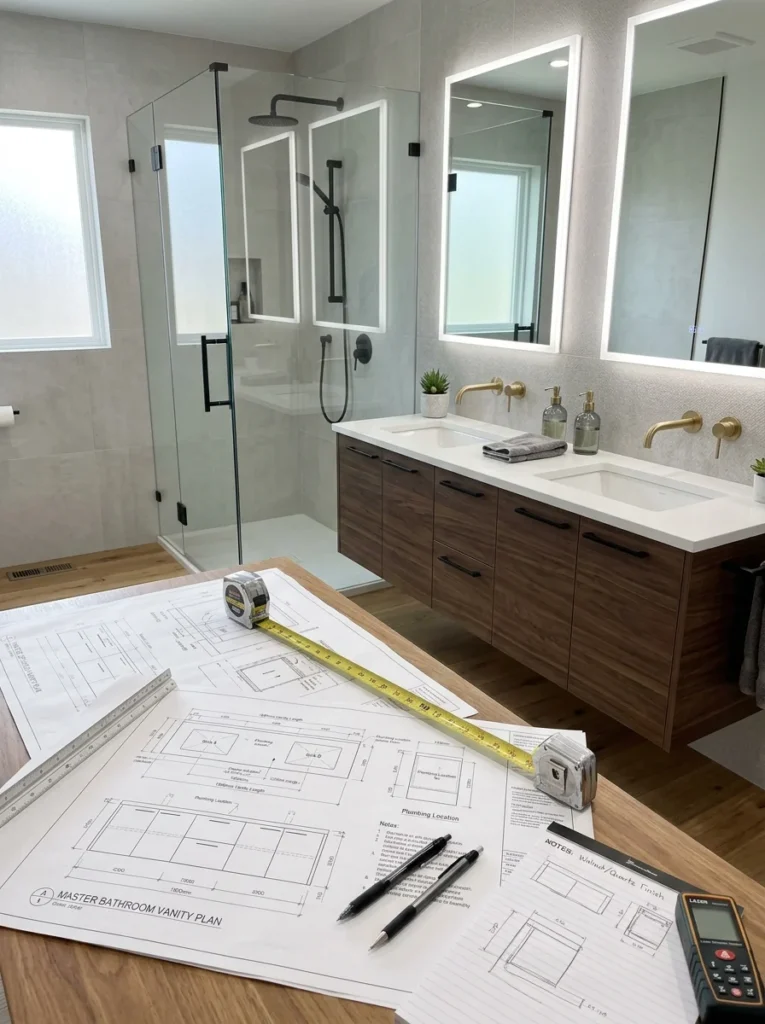 Designer planning a double vanity layout in a modern bathroom.