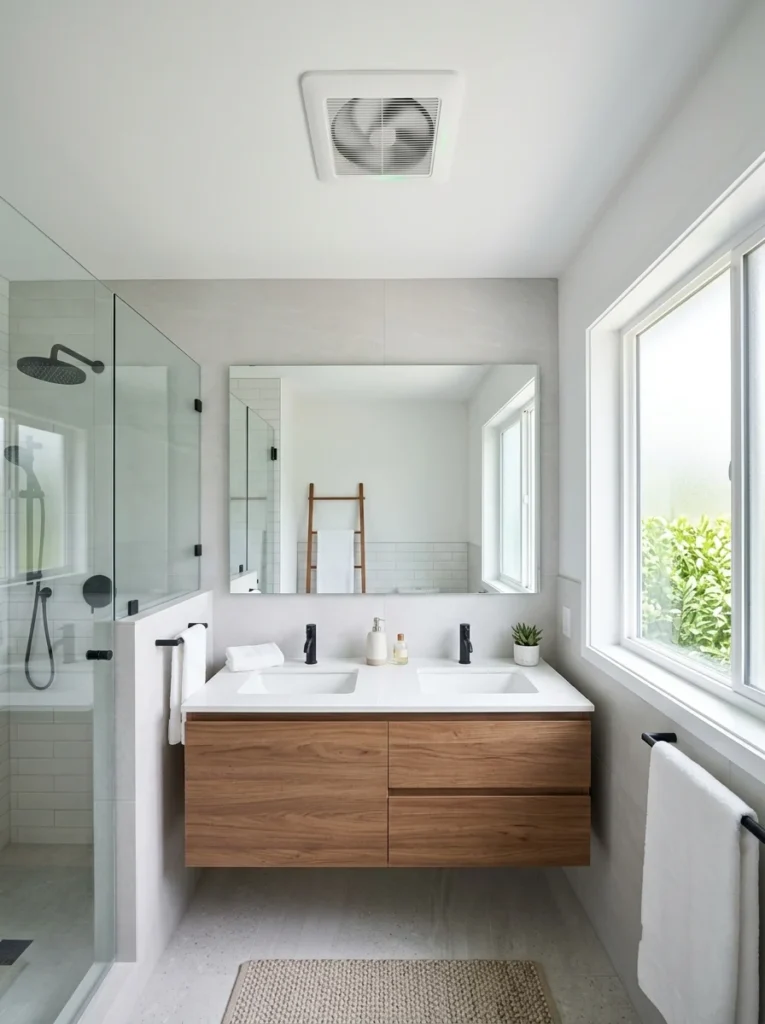 Modern bathroom with the correctly sized exhaust fan keeping the room dry and fresh.