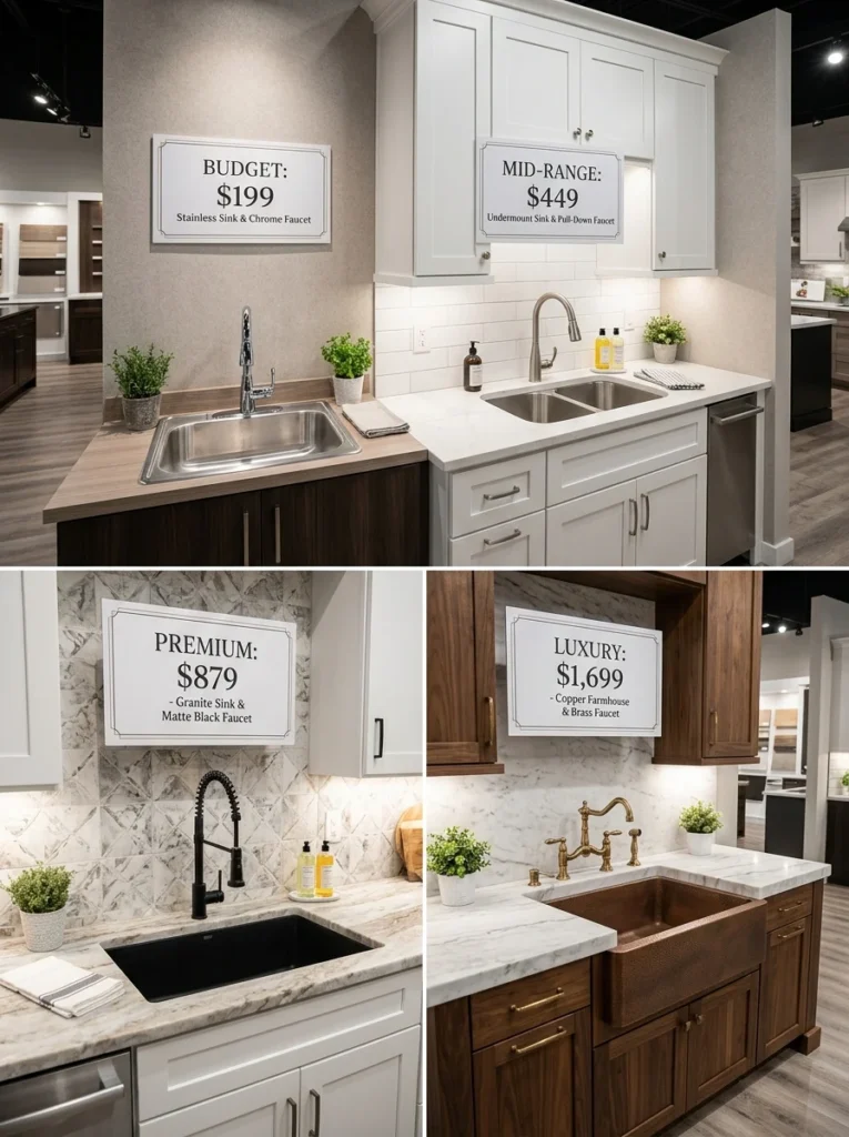 Budget and premium kitchen sink and faucet combinations displayed for comparison.
