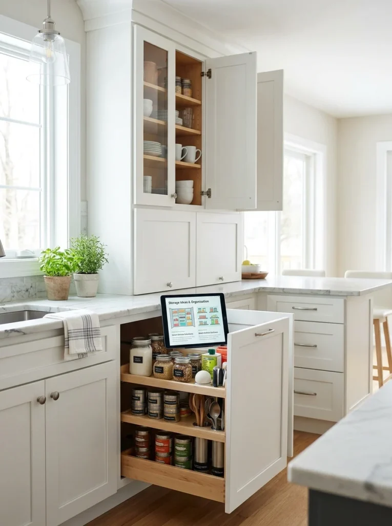 Homeowner reviewing kitchen cabinet organization ideas in an organized kitchen.