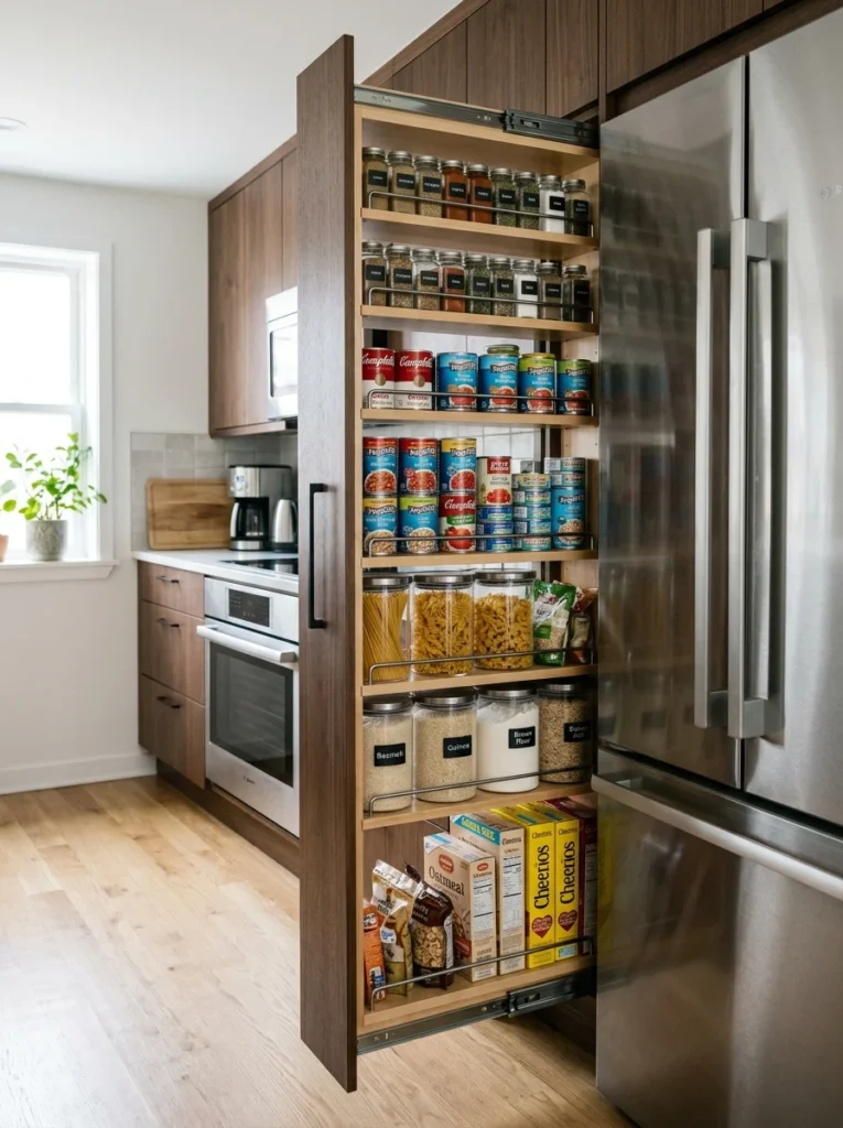 Slim pull-out pantry cabinet storing dry foods in a narrow kitchen layout.