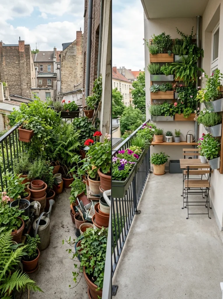 Various vertical gardening systems installed on a small apartment balcony.