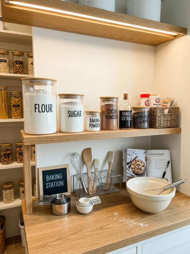 Pantry shelf organized with baking ingredients grouped together in labeled containers.