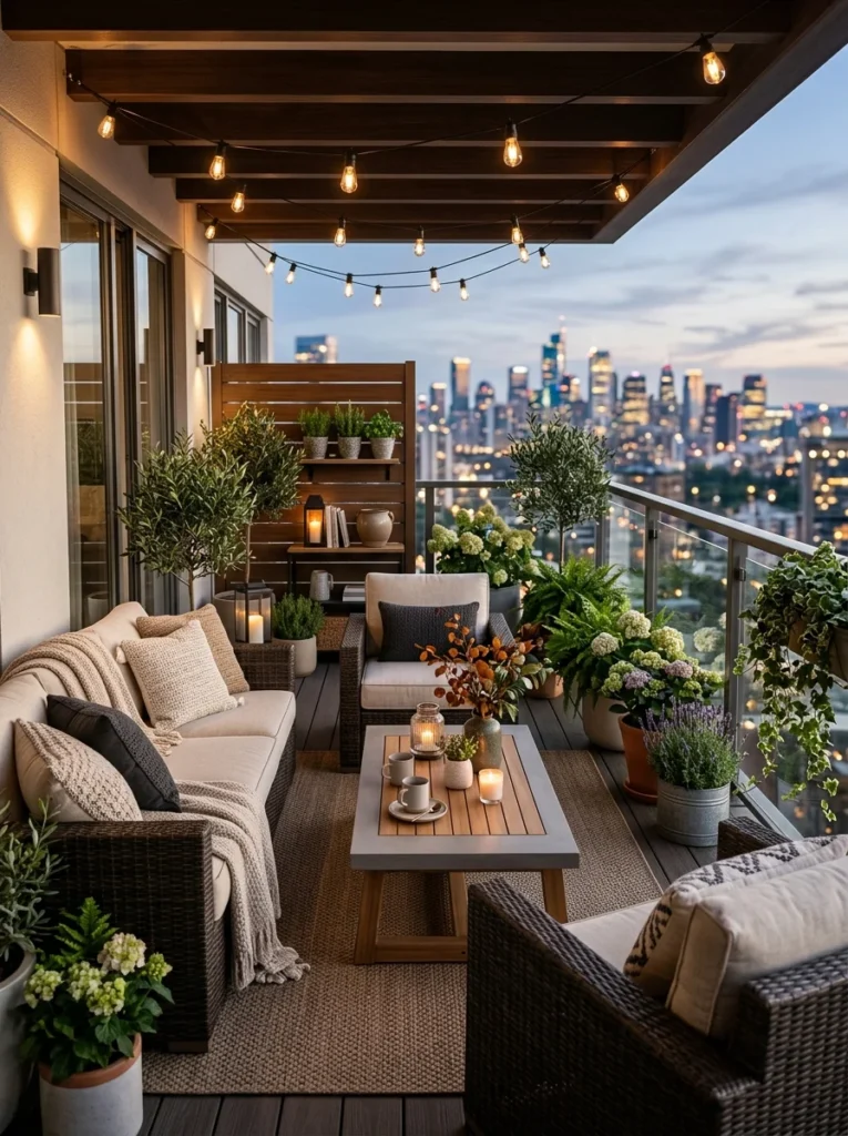 Beautiful modern small balcony decorated for comfortable use throughout every season.