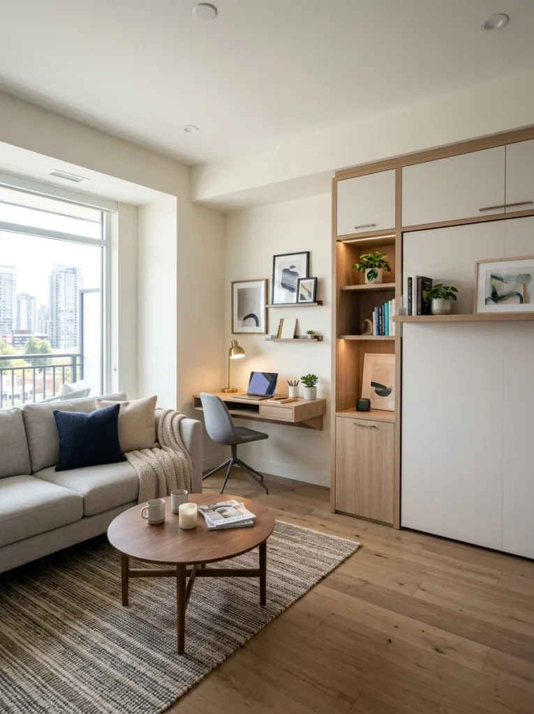 Wall-mounted Murphy bed creating more daytime living space.