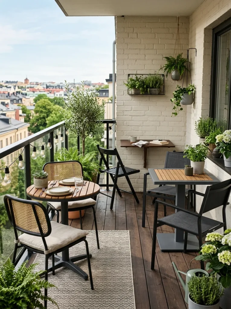 Compact outdoor dining setup showing practical furniture ideas for tiny balconies.
