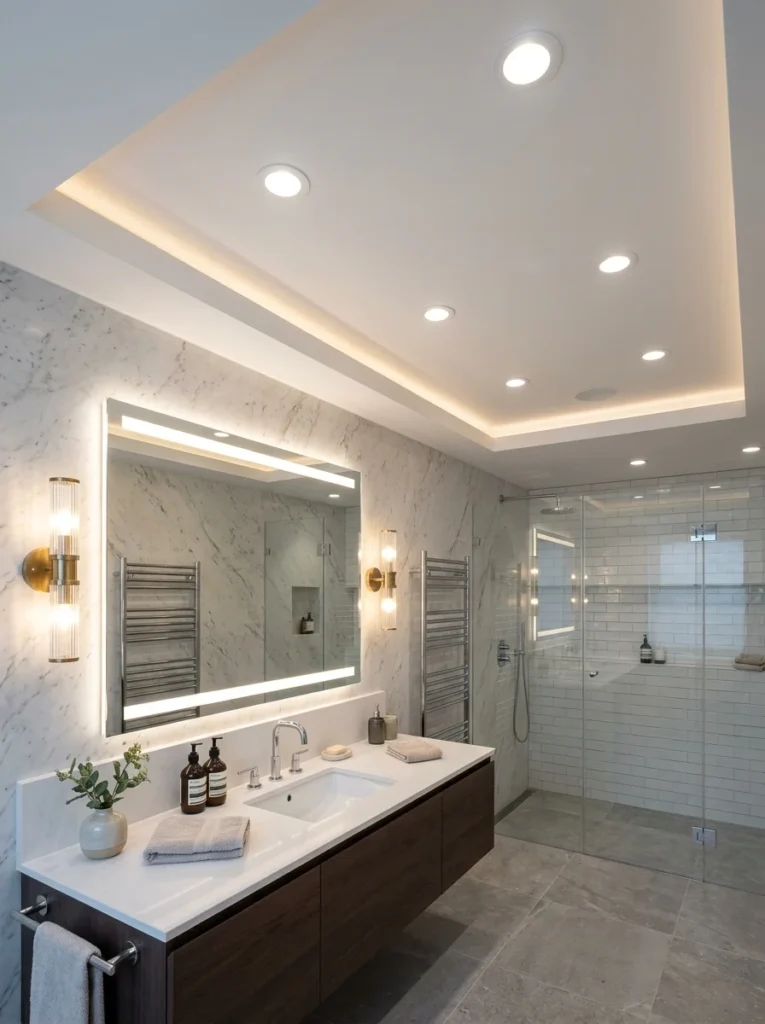 Bathroom showing multiple light fixtures for balanced illumination.