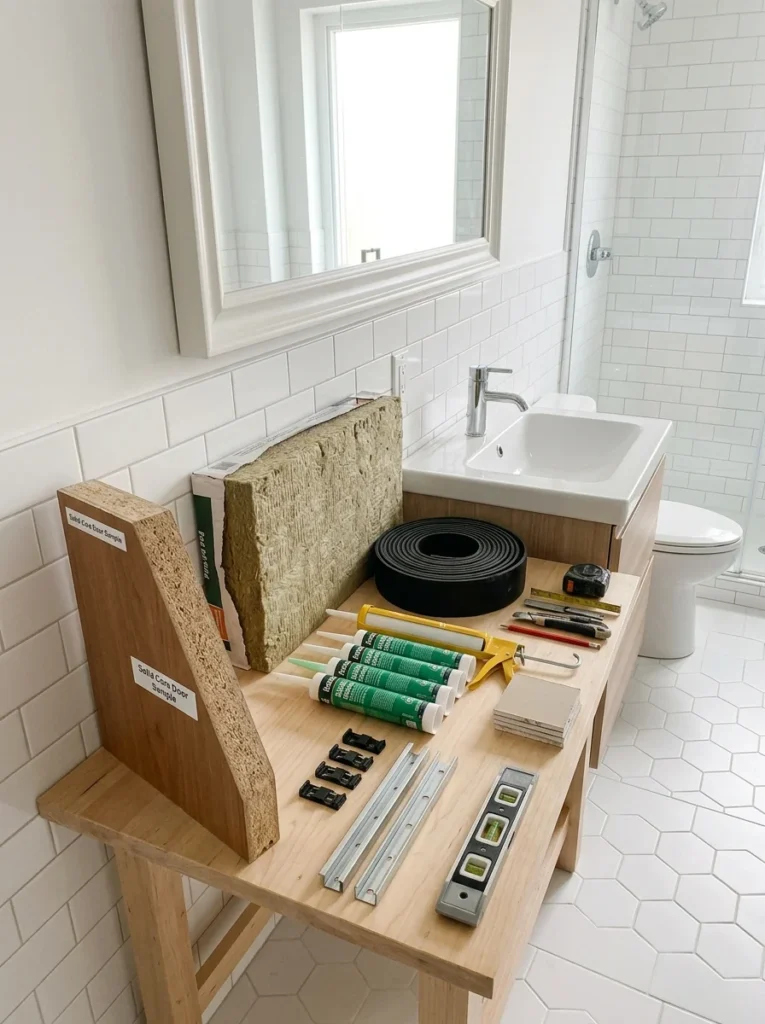 Bathroom soundproofing materials displayed to answer common home privacy questions.