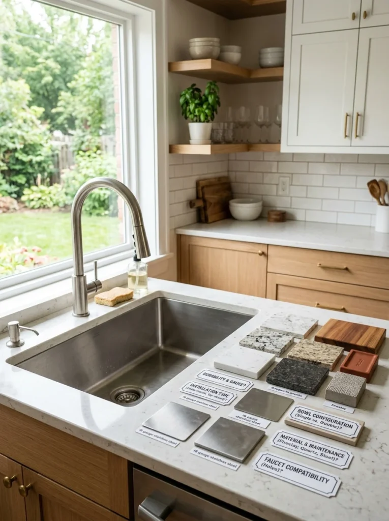 Modern kitchen sink displayed alongside countertop and material samples for common buying questions.