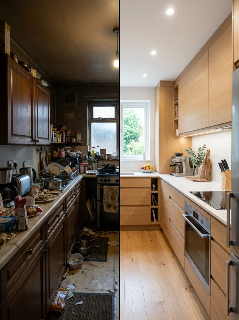 Comparison of a cluttered galley kitchen versus a bright organized and efficient layout.