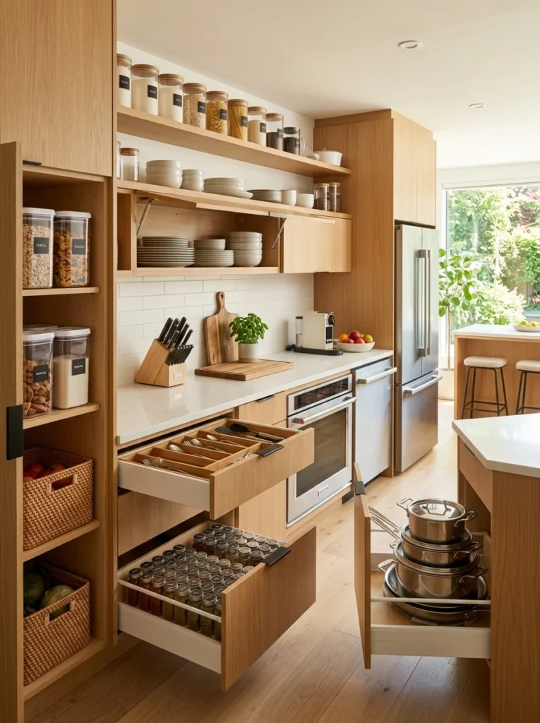 Well-organized kitchen with efficient cabinet storage, labeled pantry, and clutter-free workspace.