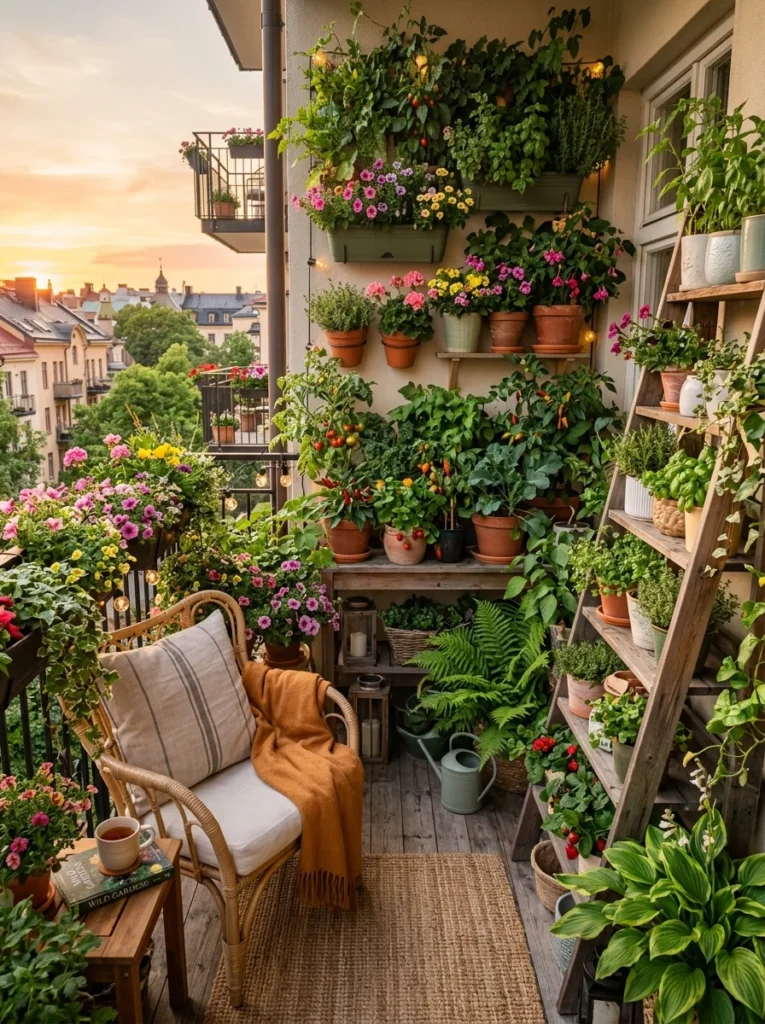 Finished vertical garden maximizing space on a small apartment balcony with lush plants and flowers.