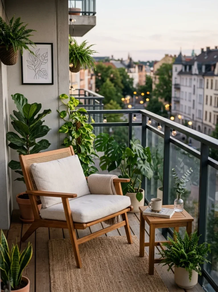 Comfortable chair serving as the main feature of a small balcony.